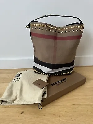 Authentic BURBERRY Studded Ashby Bucket Bag Check Canvas & Leather • $800