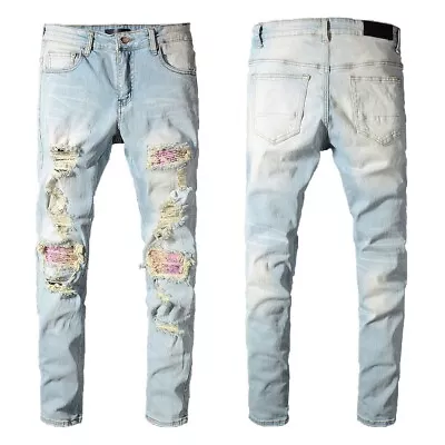 Men's Ripped Candy-colored Patchwork Sanding Faded Stretch Skinny Denim Jeans • $59.25