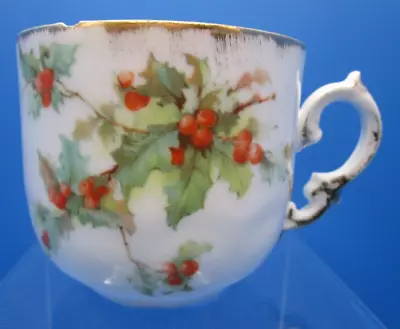 PORZELLANBRIK MOSCHENDORF PM Porcelain Holly Mustache Coffee Cup Mug 1895-1910 • $9.99