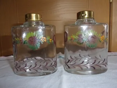 VINTAGE Pair  Hand Painted Oval GLASS BOTTLEs For DRESSING TABLE  (B/R1) • £28