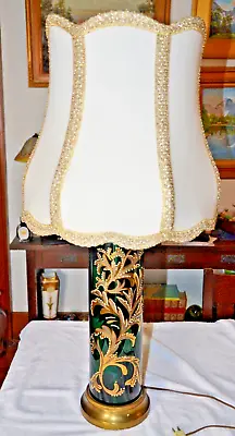 MIDCENTURY  Moser?  GREEN GILDED ENAMELED TABLE LAMP HOLLYWOOD REGENCY 35  • $161.18