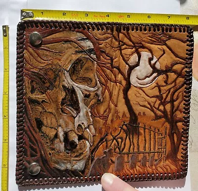 KILLER Skull & Cemetary Custom Hand Carved & Dyed Leather Biker Wallet 1-of-1!!! • $1299.99