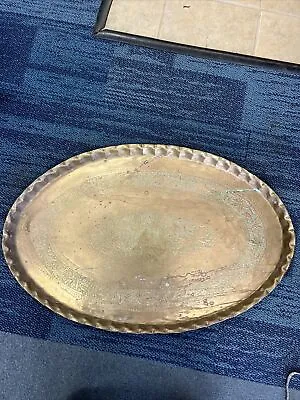 34”XL Solid Brass Etched Tray / Table Top / Vintage Scalloped Rim Mid Century • $499