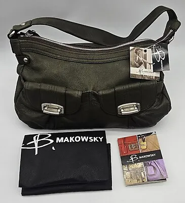 B Makowsky Purse Satchel Olive Green Leather Leopard Print Lining Dust Bag NWT • $47.45