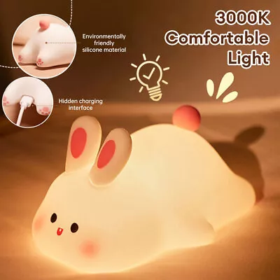 Cute Rabbit Night Lamp USB Rechargeable Touch Bunny Lamp Silicone Bedside Light • £19.15