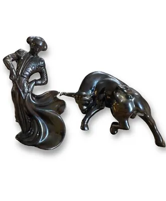 Vintage MCM Ceramic Mold Matador Bull Black Gold 11.5” Statues Figures EUC Set • $129