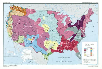 US Map Of Indian Tribes Cultures And Languages Native American History 16x24 • $11.95