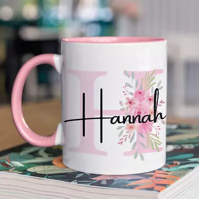 Personalised Name Mug Pink Initial Name Flower Custom Coffee Her Christmas Gift • £3.49