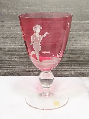 MARY GREGORY Hand Decorated W Germany Cranberry Art Glass Goblet Boy 6  • $43.07