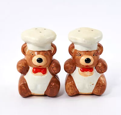 Brown Teddy Bear Salt & Pepper Shakers Wearing Chef Hats Ceramic Vintage • $12.99