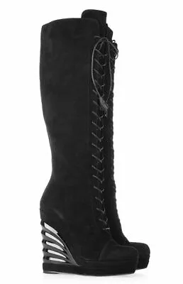 Yves Saint Laurent (YSL) Black Knee High Suede Lace Up Wedge Boots Size 38.5 • $599