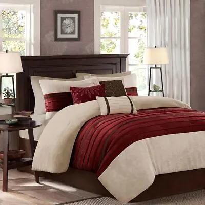Luxury 7pc Deep Red & Taupe Microsuede Comforter Set AND Decorative Pillows • $151.99