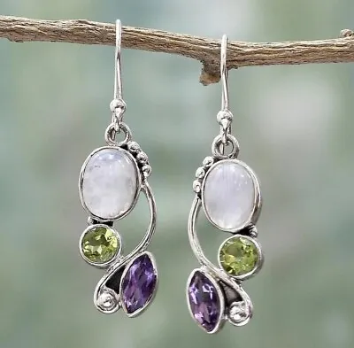 925 Silver Multi Gemstone Moonstone Natural Stone Dangle Hook Earrings UK Stock • £4.99