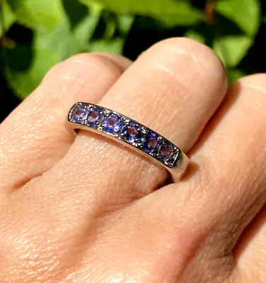 Sterling Silver Blue Iolite Pink Tourmaline Half-Eternity Mens Band Ring 11.25 • $120