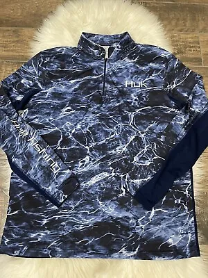 HUK Fishing Performance Fabrics Med Mossy Oak Elements Agua Blue 1/4 Zip Shirt • $23.58