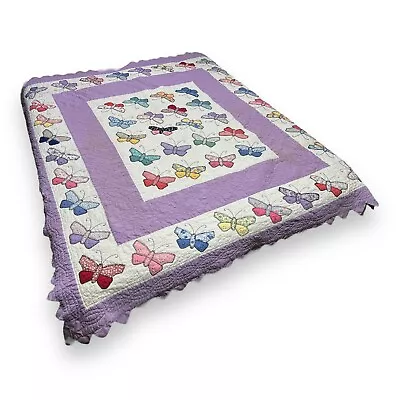 Vtg Purple Appliquéd Butterfly Quilt Hand/Machine Stitched Multicolor 70x78” • $78.50