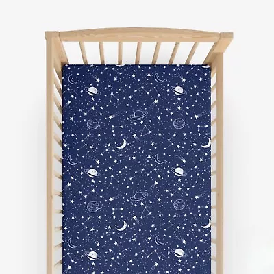 Baby  Boy Cot & Cot Bed Fitted Sheet 100% COTTON  Blue Nursery Rocket Space • £9.50