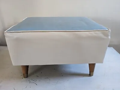 Vtg Mid Century Modern 1950s Vinyl Faux Leather White Blue Tapered Leg Ottoman • $84.99