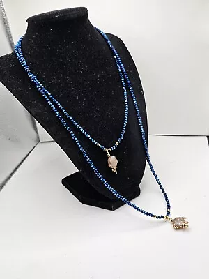 Cobalt Blue Necklace Crystal Bead Rhinestone Fish 2 Strand Goldtone Stunning Y2K • $35