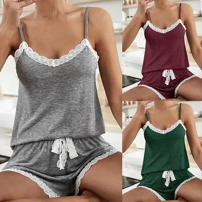 Womens Lace Pyjamas Bra Set Cami Tops Vest  + Shorts Loungewear Lingerie PJs. • £8.89