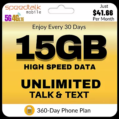 SpeedTalk Prepaid SIM Card Kit Unlimited Talk & Text 15GB Data Phone 1 Year Plan • $500