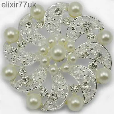 £4.99 • Buy 2.3  Silver Faux Pearl Flower Brooch Diamante Crystal Wedding Prom Party Broach
