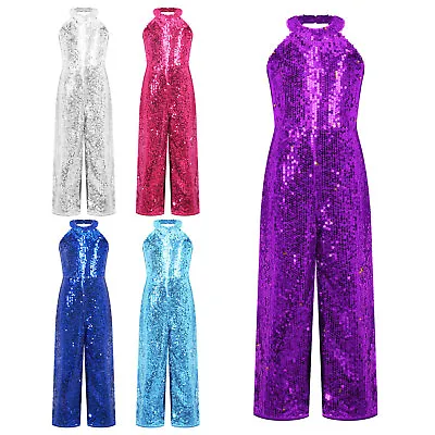 UK Girls Sequins Sparkle Jazz Dancewear Halter Neck Jumpsuit Playsuit Costume • £6.89