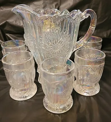 Vintage Mosser Carnival Clear Glass Dahlia Pitcher & Tumblers • $150