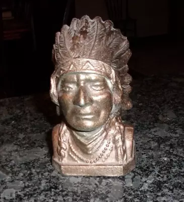 Vintage Cast Metal Native American Indian Coin Bank - Copper Painted - • $12