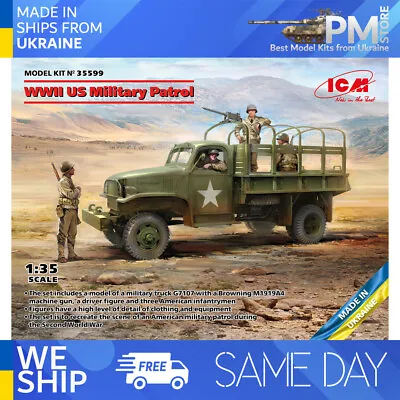 ICM 35599 - 1/35 WWII US Military Patrol. G7107 With MG M1919A4 4 Figure + Truck • $79.04