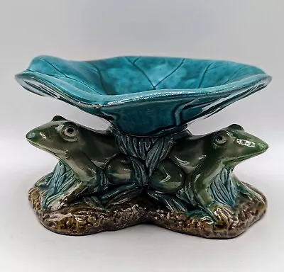 Vintage Majolica Frogs Under Lily Pad Pedestal Serving Bowl Lilypad Pottery  • $59.99