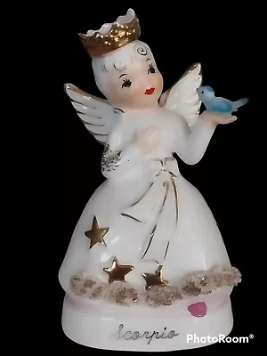 Vtg Napco SCORPIO Zodiac Birth Month Angel Girl W/Bird Spaghetti Trim Figurine  • $99