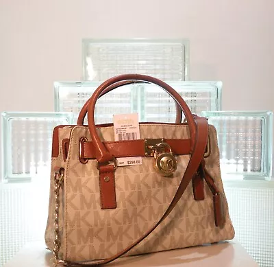 Michael Kors Handbag Large Hamilton MK Logo Vanilla Coated Canvas W/Leather Trim • $89.99