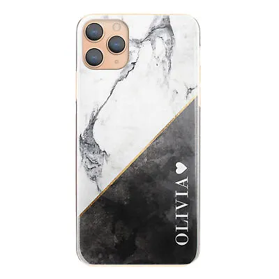 Personalised Initial Phone Case;Name & Heart On Black & Grey Marble Hard Cover • $33.56