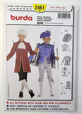 Burda Sewing Pattern 2461 Boys Mozart Musketeer French Prince Costume 6-12 Uncut • $13.99