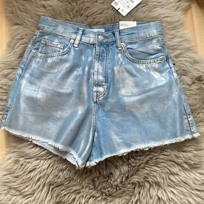 Zara Light Blue Trf High-waist Metallic Shorts Bnwt Size M • £24.99