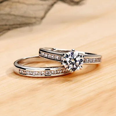 Women 2pcs/set 925 Silver Rings Gorgeous Cubic Zircon Wedding Jewelry Sz 6-10 • $2.42