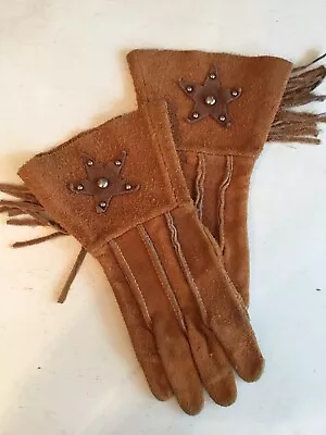 Vintage Kids Child Western Rawhide Gloves Fringe Studded Star Gauntlets Worn • $45