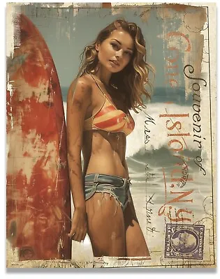 Vintage Surfing Art Print Pinup Girl Poster Coney Island Beach House Wall Decor • $9.95