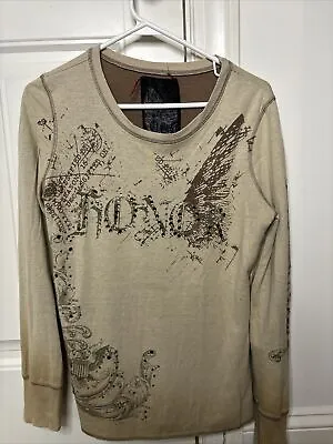 Miss Me Womens Long Sleeve Shirt Sz L Tan Knit Embellished Print Y2K Grunge • $18.97