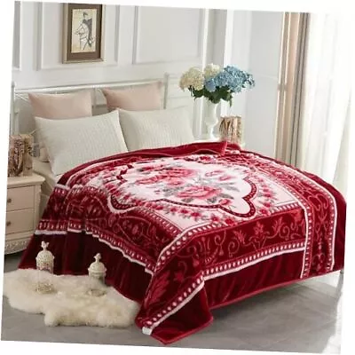  Korean Faux Mink Fleece Blanket 83  X 91  5.7 LB - 2 Ply King Flower/Burgundy • $59.18