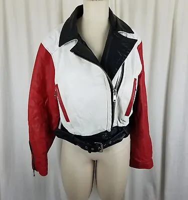 Chia Colorblock Leather Moto Biker Jacket Belted Womens L MJ Thriller Cropped • $199.99