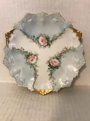 Vintage M Z Austria Moritz Zdekauer Blue & White Porcelain Plate Pink Roses • $7.99