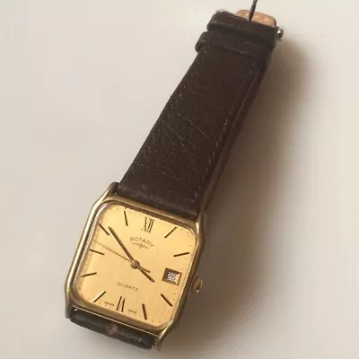 80s Gents Swiss M  Rotary 1641 Quartz Analog Calendar Battery Watch.Gold Brown. • £7.99