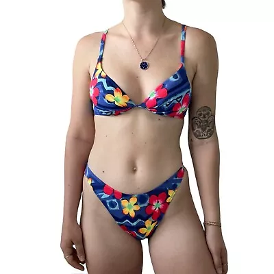 Vintage 80s Womens High Cut High Waist Floral Tropical Bikini Swimsuit Set Sz S • $65