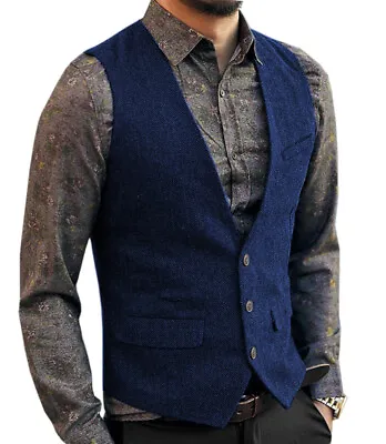 Men Tweed Waistcoat Herringbone Vests Vintage Retro Cowboy Wedding Groom Custom • $22.52