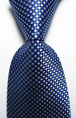 New Classic Check Blue White JACQUARD WOVEN Silk Men's Tie Necktie • £7.19