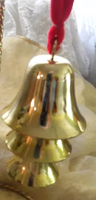 Vintage Christmas Ornament - 3 GRADUATED GOLD METAL BELLS W/RED VELVET HANGER • $4.99