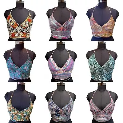 Wholesale 15 PC Of Indian Vintage Silk Sari Halter Crop Tops Retro 60s Clothing • $250.70