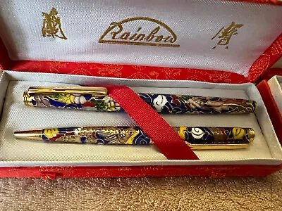 Vintage Rainbow Chinese Cloisonne Enamel Ballpoint Pen & Fountain Pen Set Nib • $129